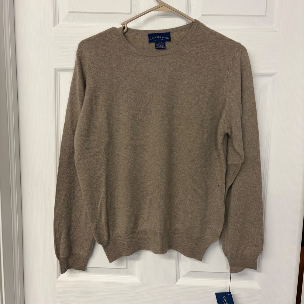 Charter Club Cashmere Crewneck Sweater Heather Oatmeal Tan M NWT 04301H0893
